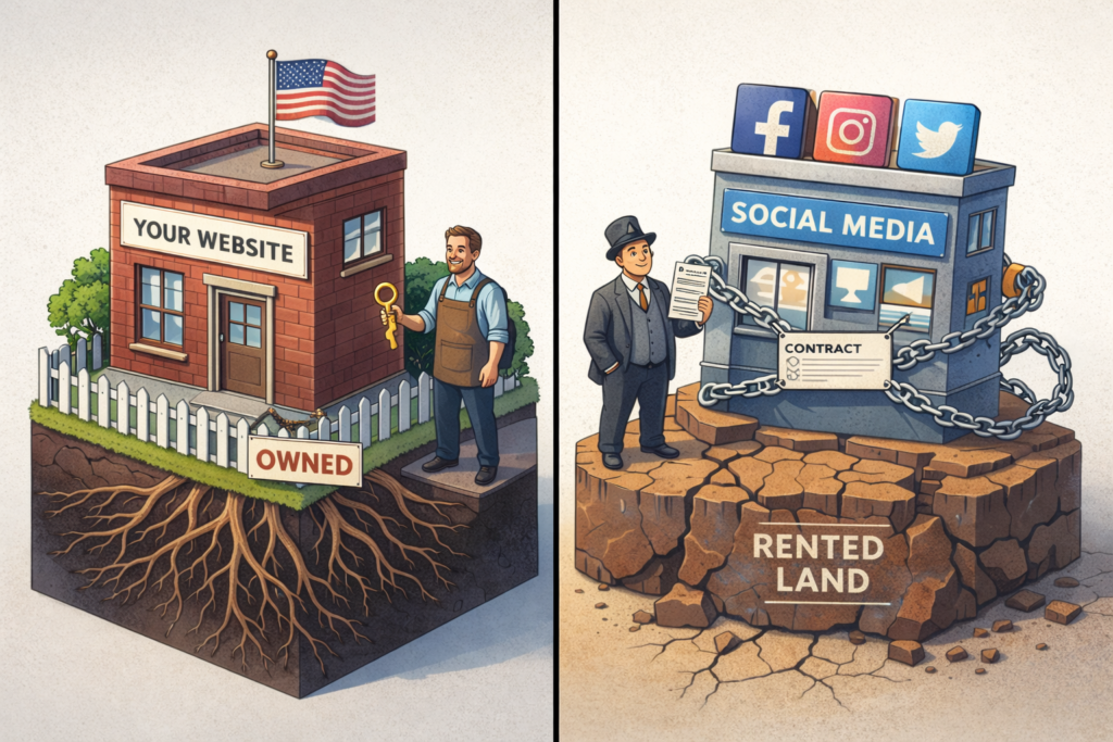 Why local businesses need a website in 2026 showing website owned property versus social media rented space comparison