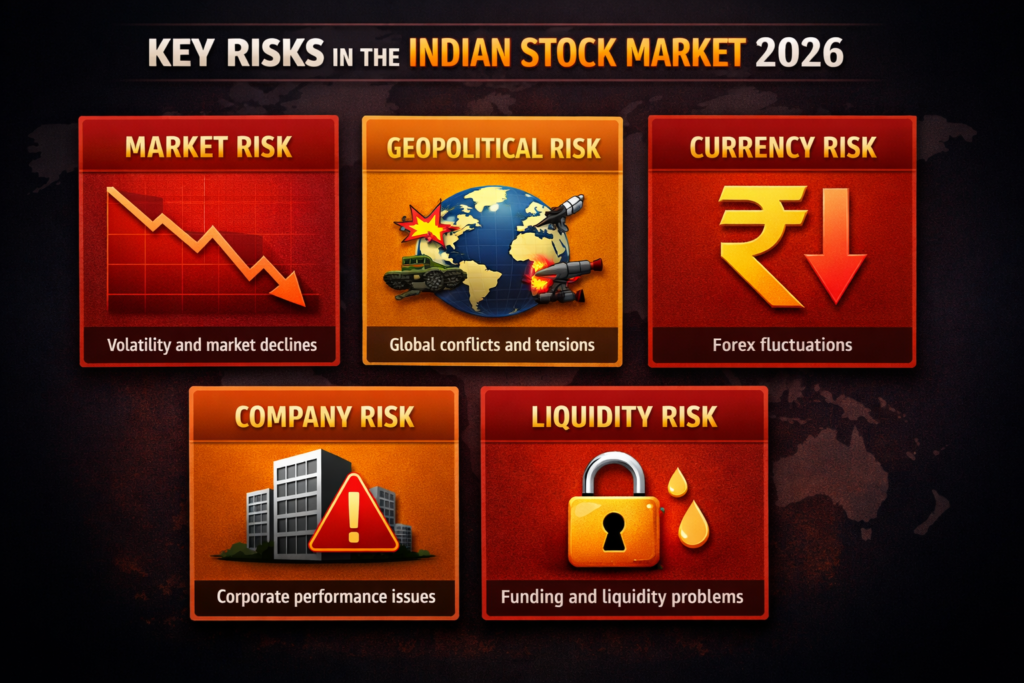 Indian stock market investment risks 2026 - market risk geopolitical currency company risks explained