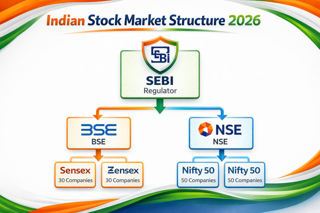 Indian stock market structure - BSE NSE SEBI Sensex Nifty explained for beginners 2026