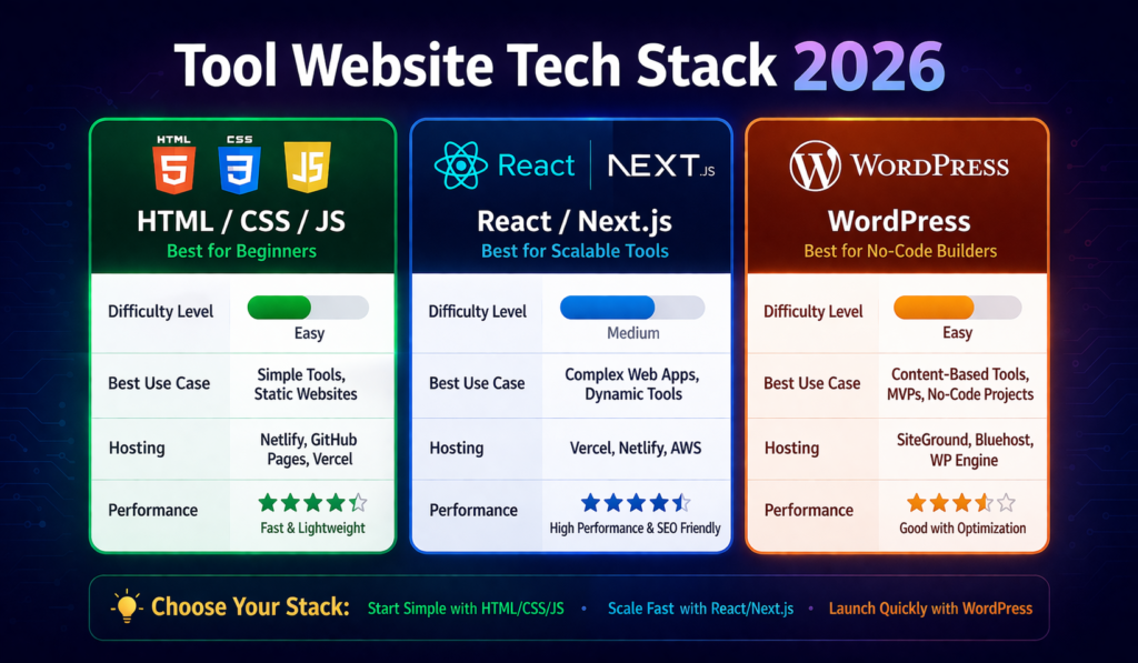 how to create a tool website tech stack comparison 2026 - HTML vs React vs WordPress