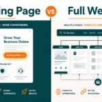 Infographic comparing landing page features vs full website structure for lead generation.